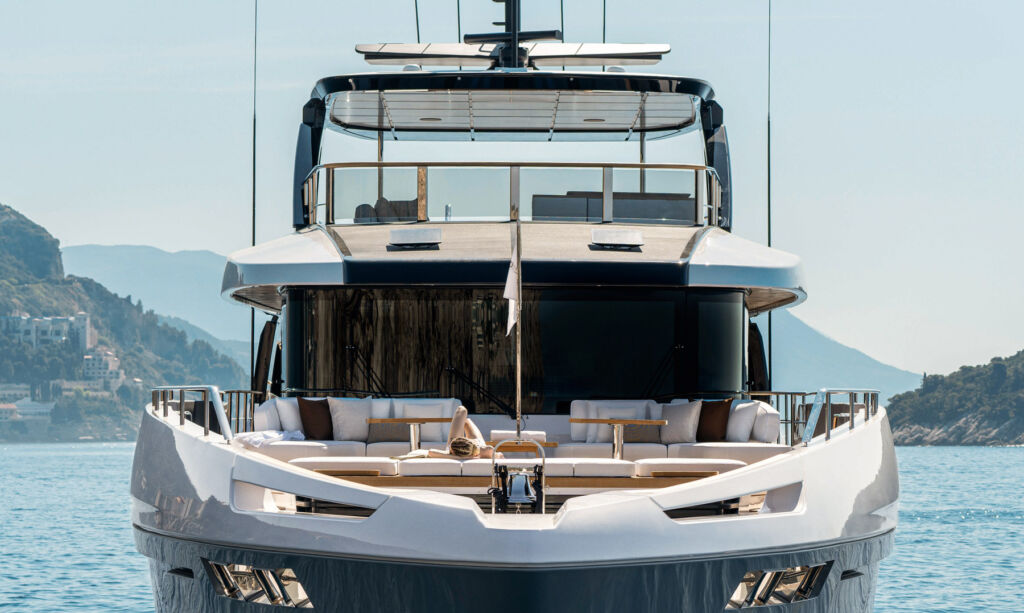 A head-on view of the yacht