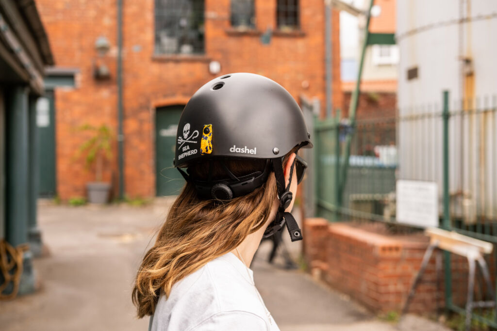 A rear view of the adult helmet