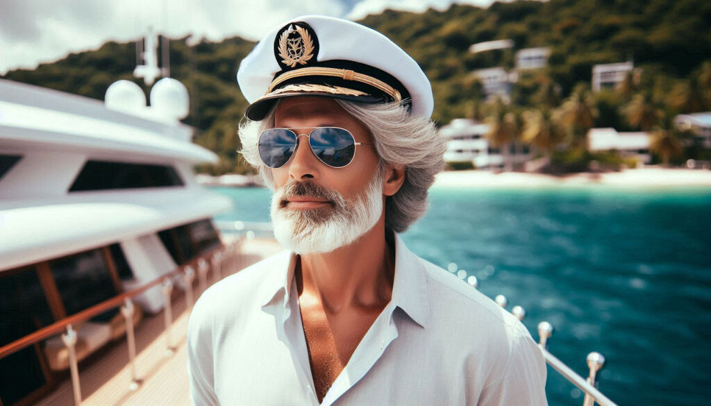 An older bearded man on a luxury yacht