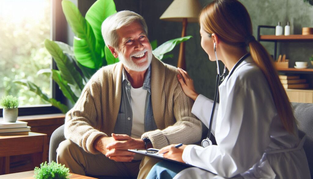 A smiling older man talking to a doctor