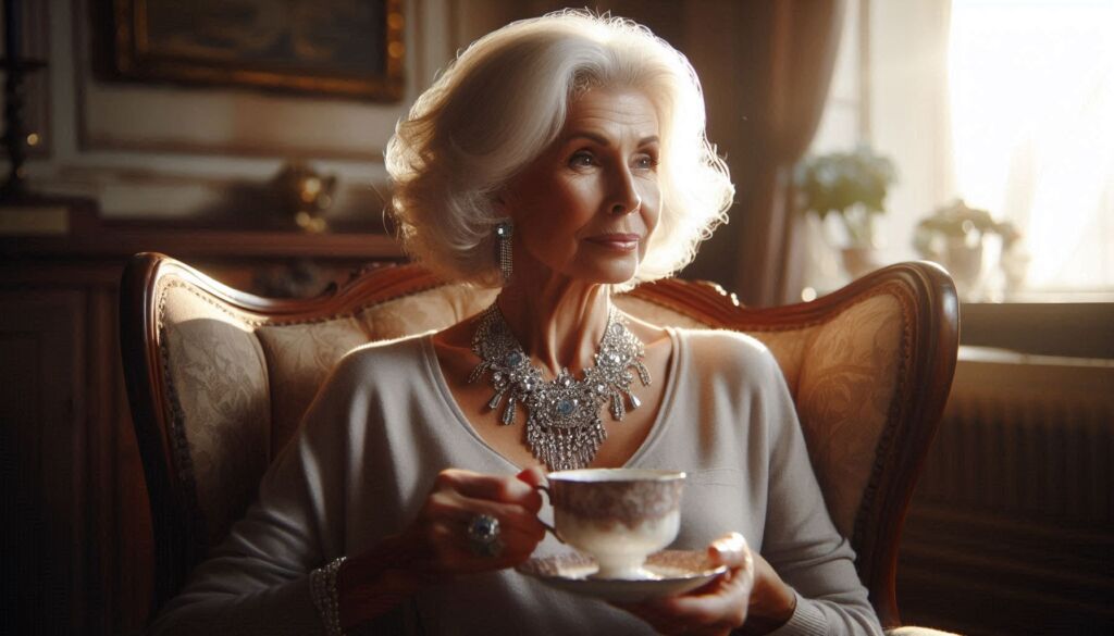 A seated older woman enjoying a cup of tea, wearing high-value jewellery