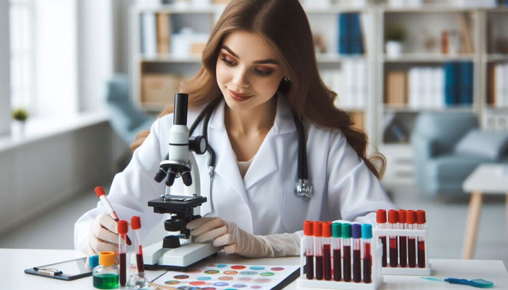 A female researcher examining blood tests
