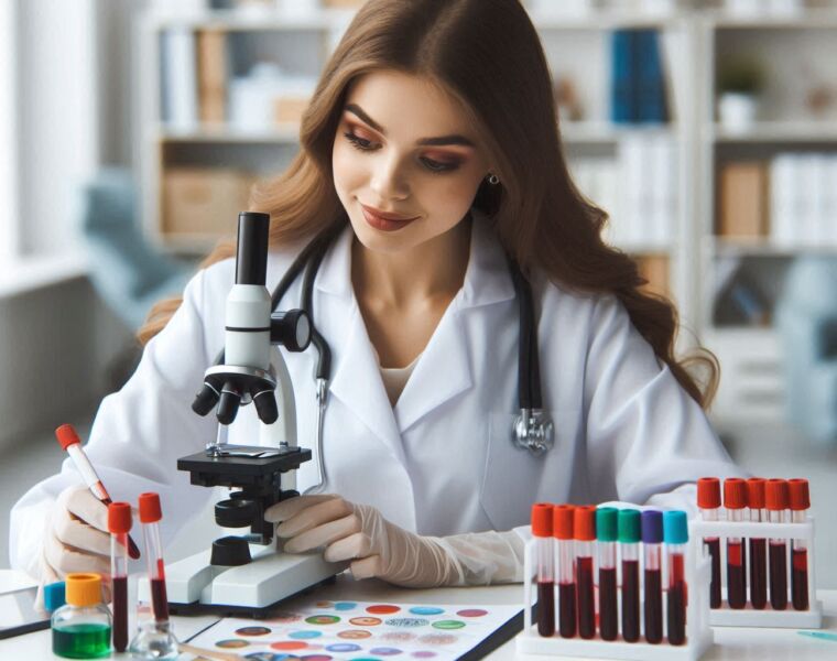 A female researcher examining blood tests