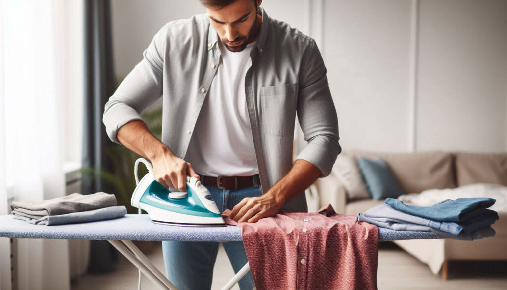 A man carefully ironing his clothes
