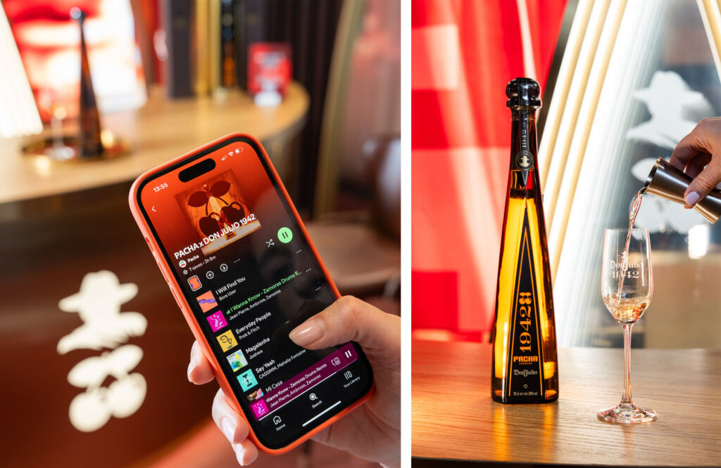 A photograph of the phone with the playlist on its screen and a photograph of a bottle of Don Julio