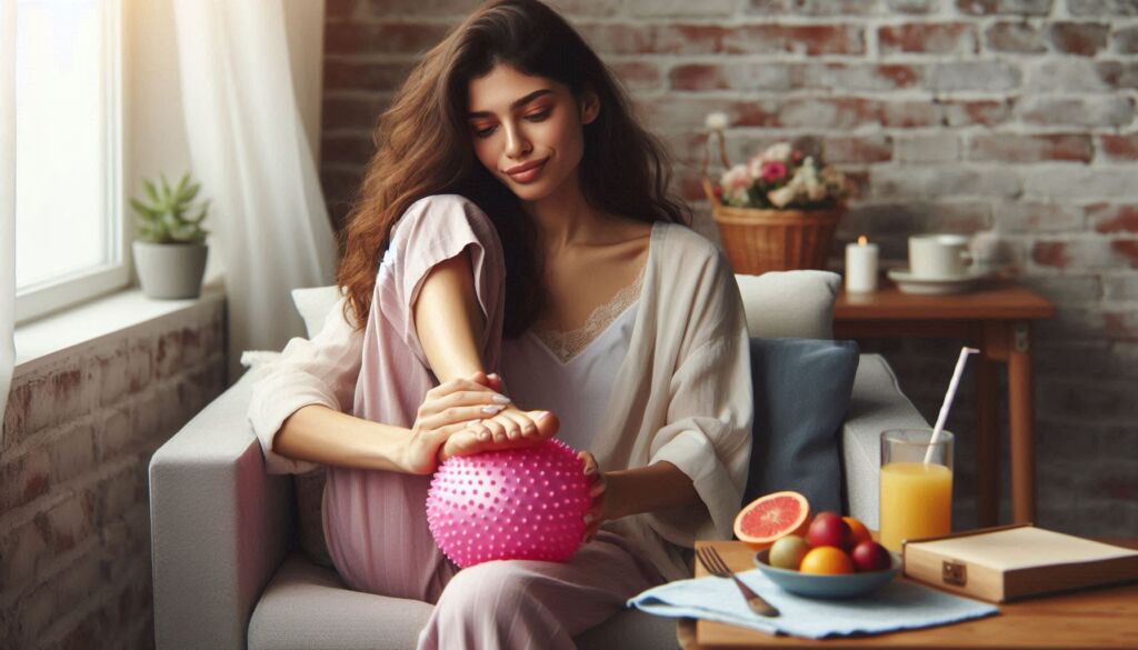 A woman reducing pain in her foot in her home