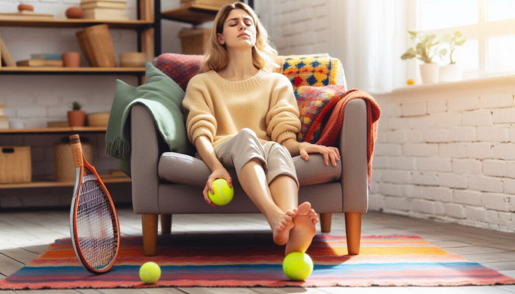 A woman seated in a chair with painful feet following a game of tennis