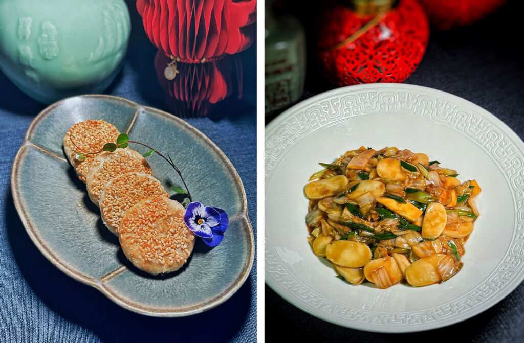 Two photographs of the dishes on the collaborative menu