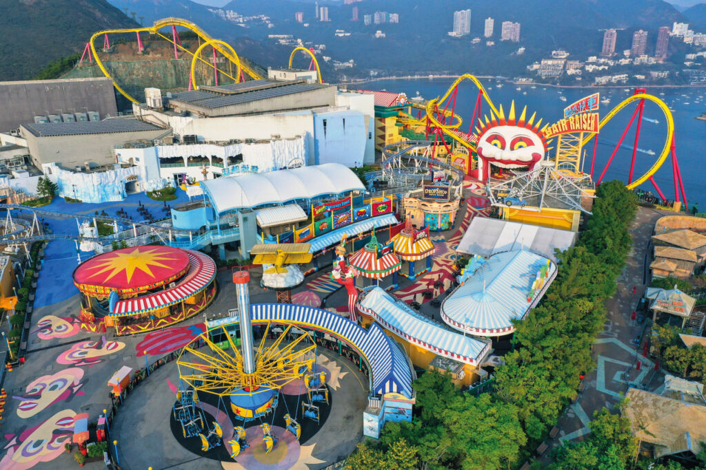 An aerial view of the rides at Ocean Park