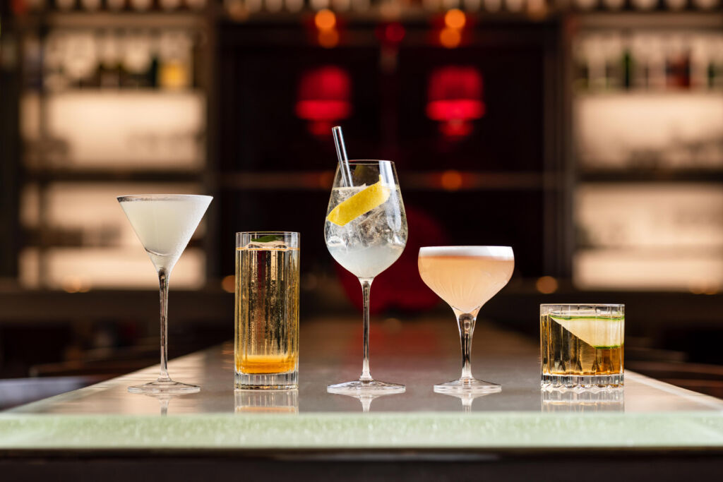 The celebratory cocktails lined up on the bar