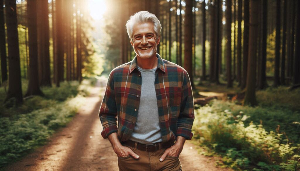 A content bearded older man walking through a forest on a sunny day with his hands in his trouser pockets