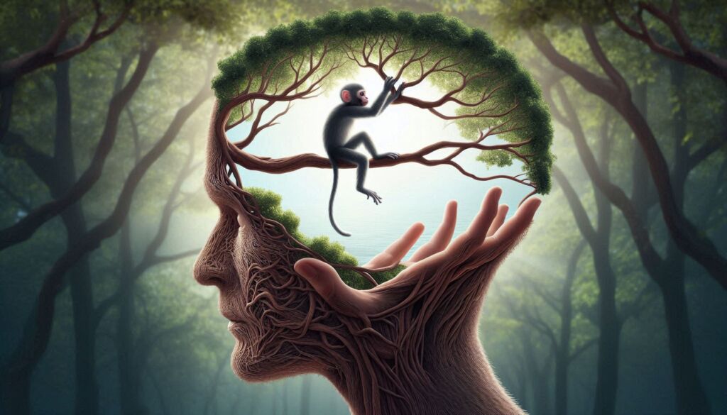 A monkey on a branch inside a mans head