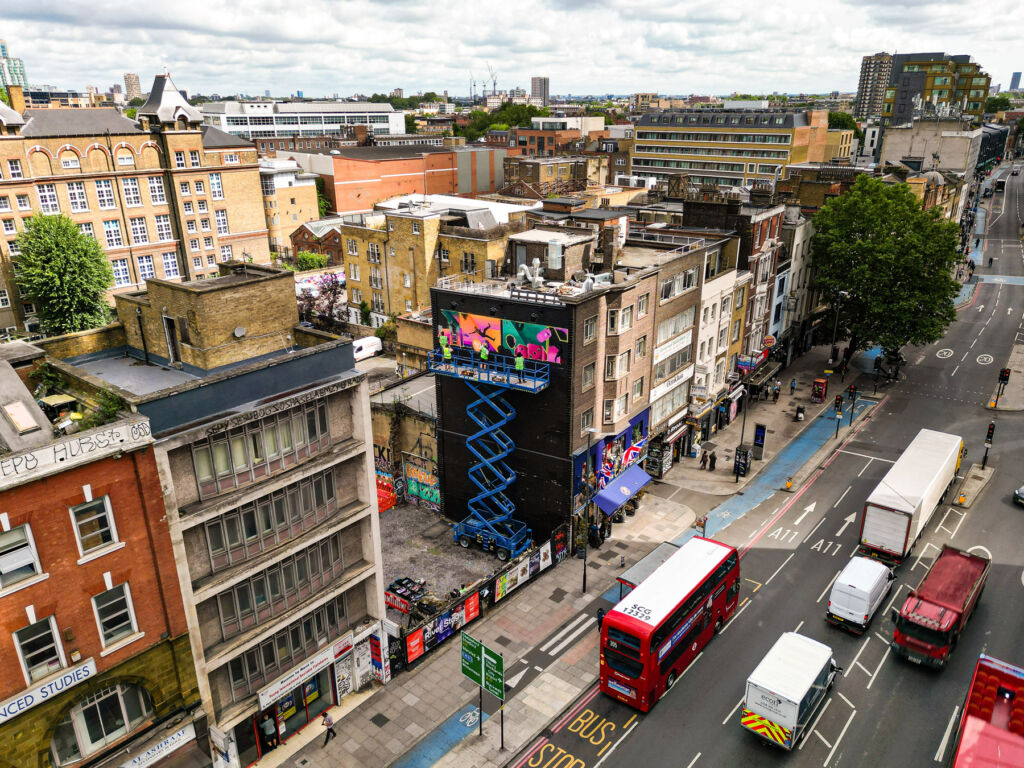 An elevated view of the mural being painted