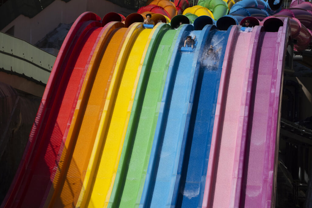 The multi-coloured slides at Water World Ocean Park