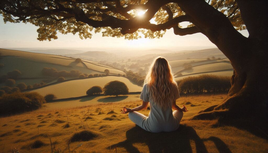 An image showing a blonde-haired woman meditating in the countryside