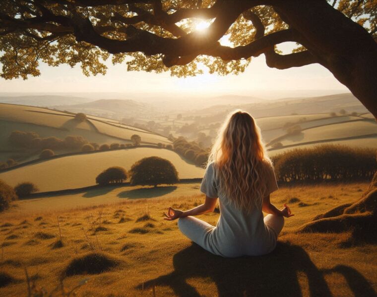 An image showing a blonde-haired woman meditating in the countryside