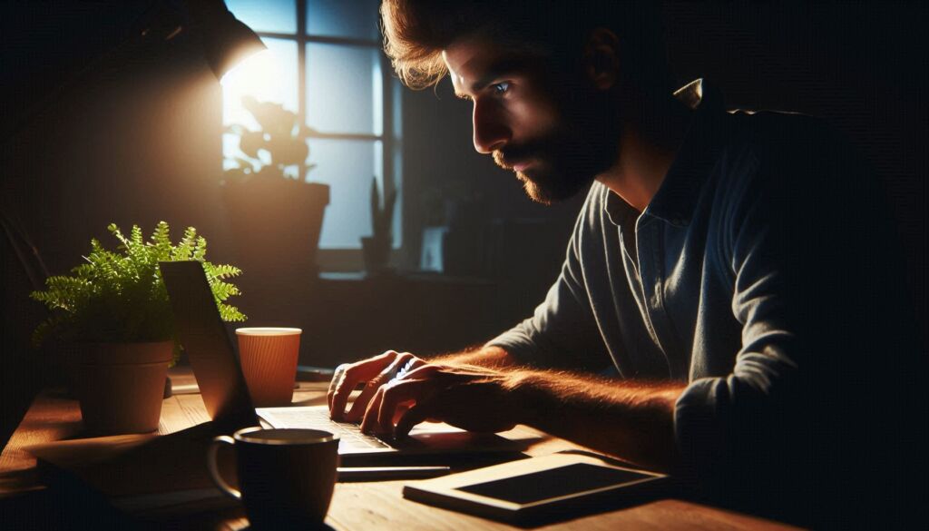 A man doing some research on his computer