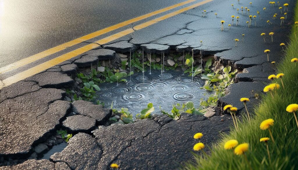 A large pothole by the side of a road