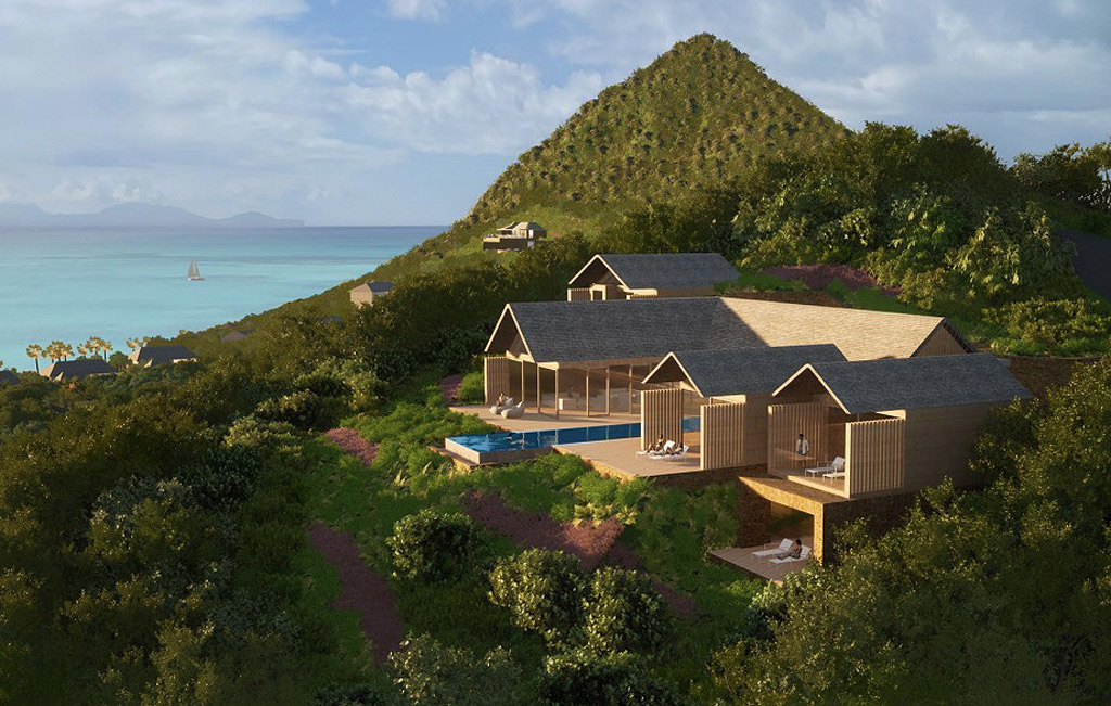 A rendering showing a finished villa situated on the side of a hill