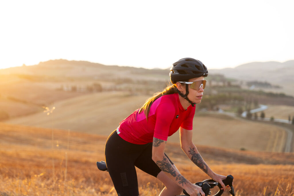 A female cyclist wearing the new sunglasses