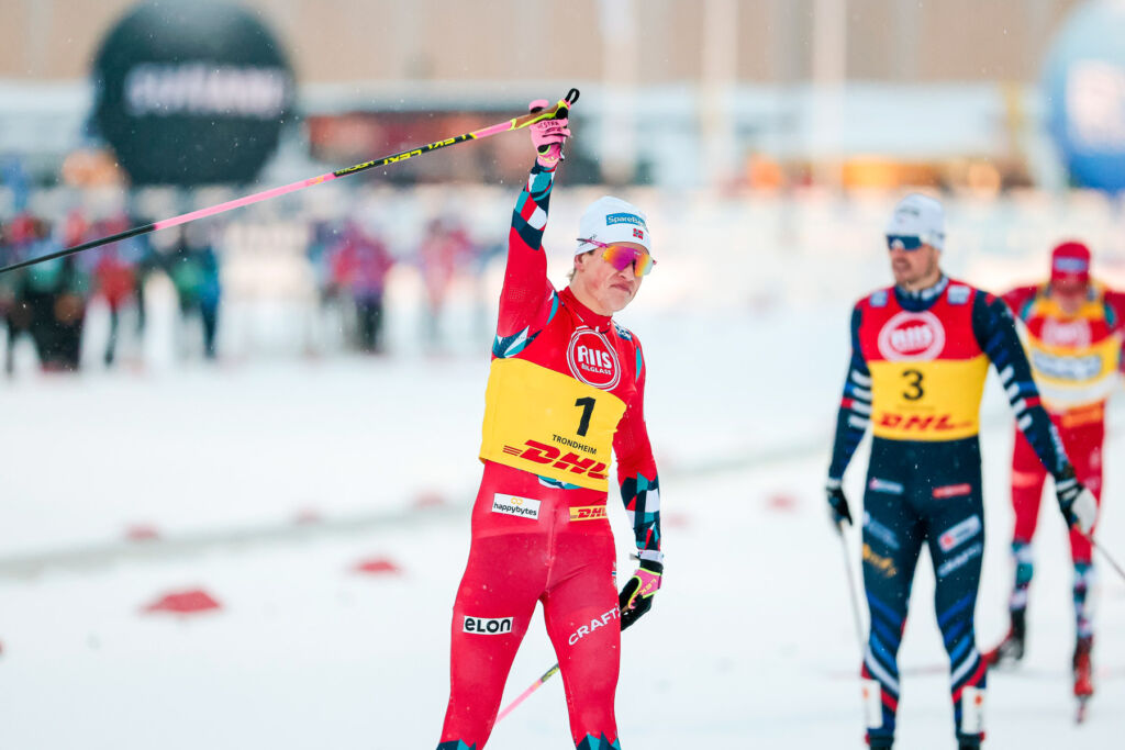 Johannes Klæbo celebrating winning a race