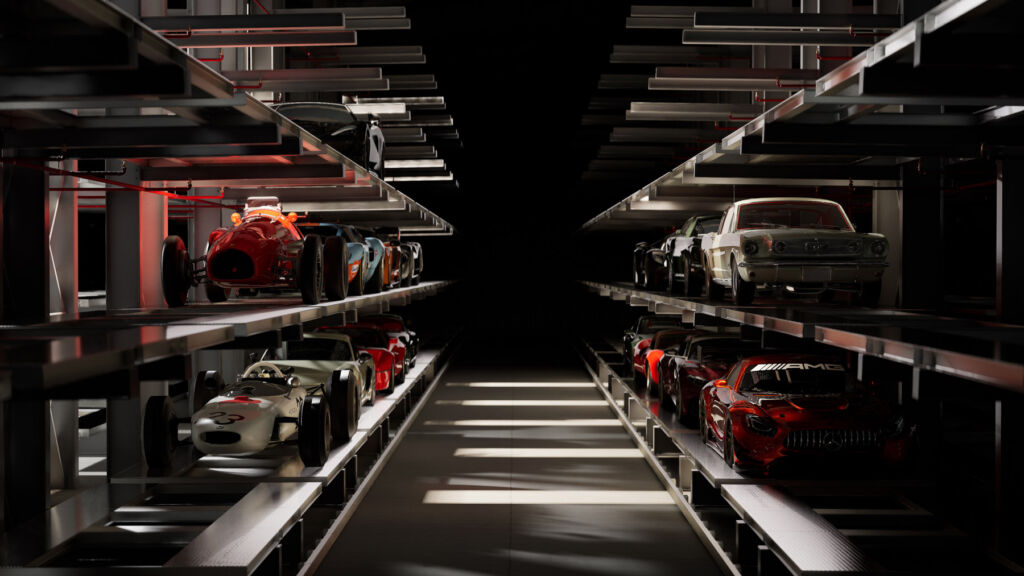 A photograph showing the cars on purpose built storage racks