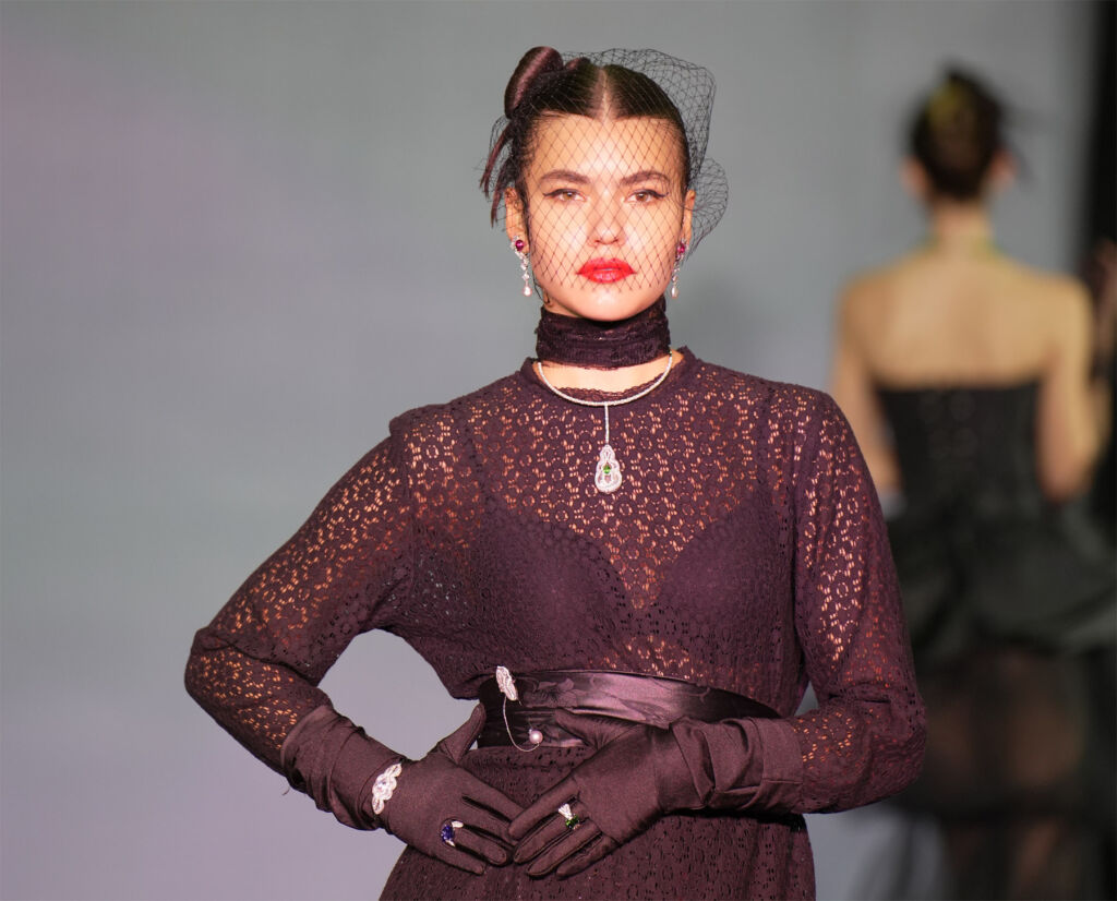 A model wearing some of the jewellery pieces while walking on the catwalk