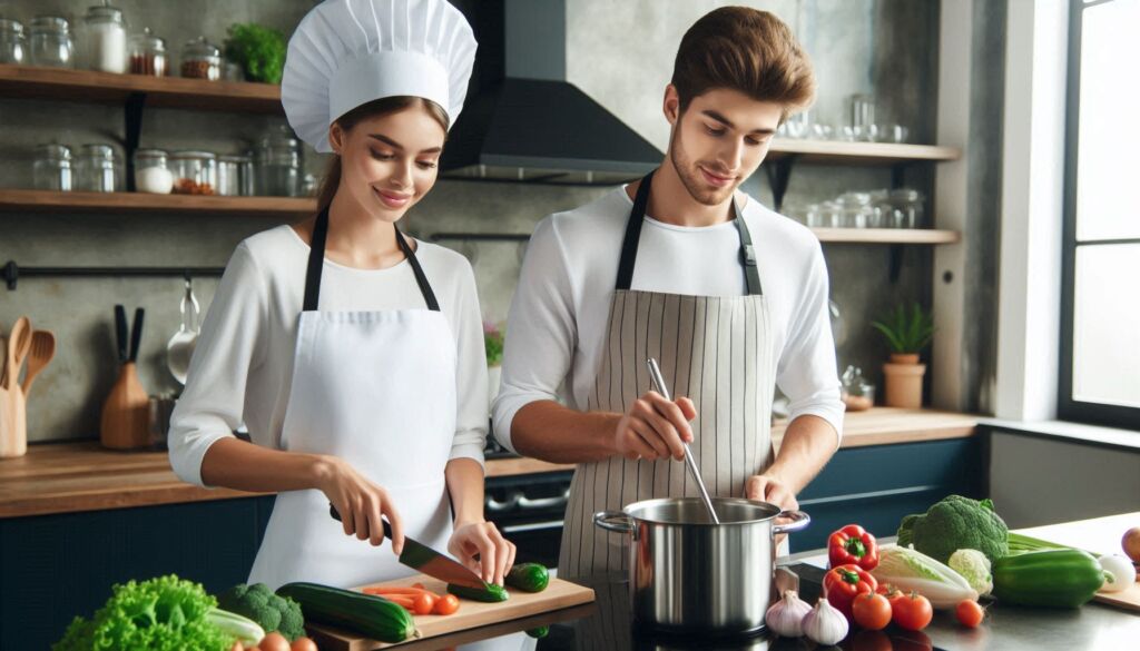 A young male and female chef cooking in the kitchen