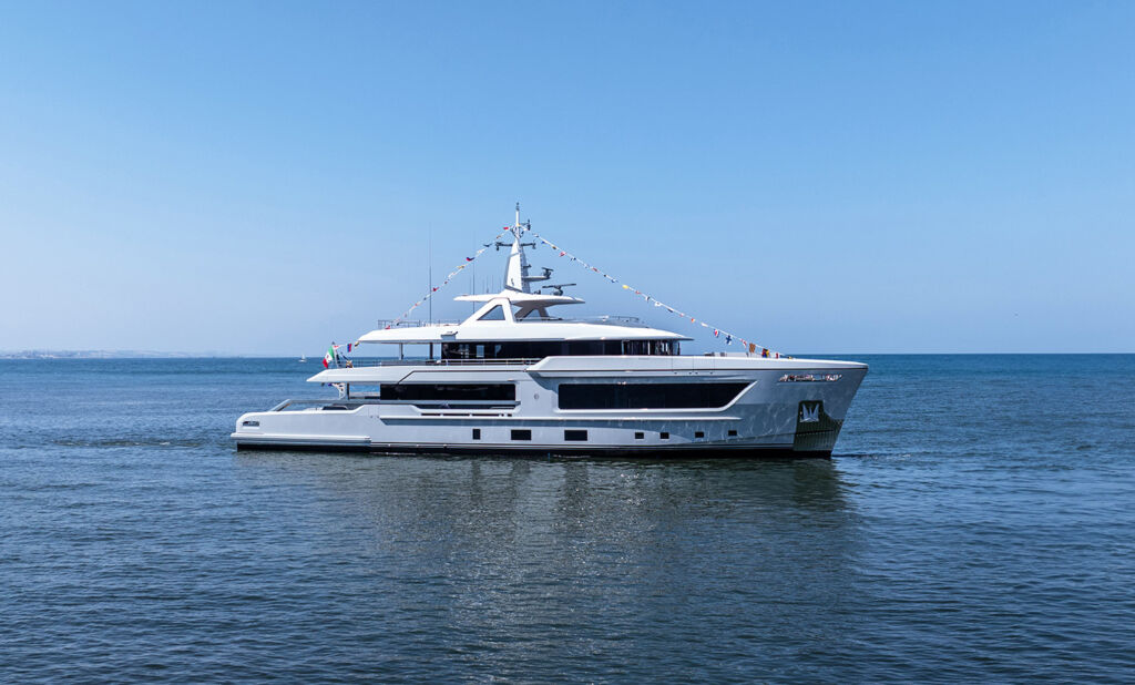 A side view of the newly launched yacht on the open sea