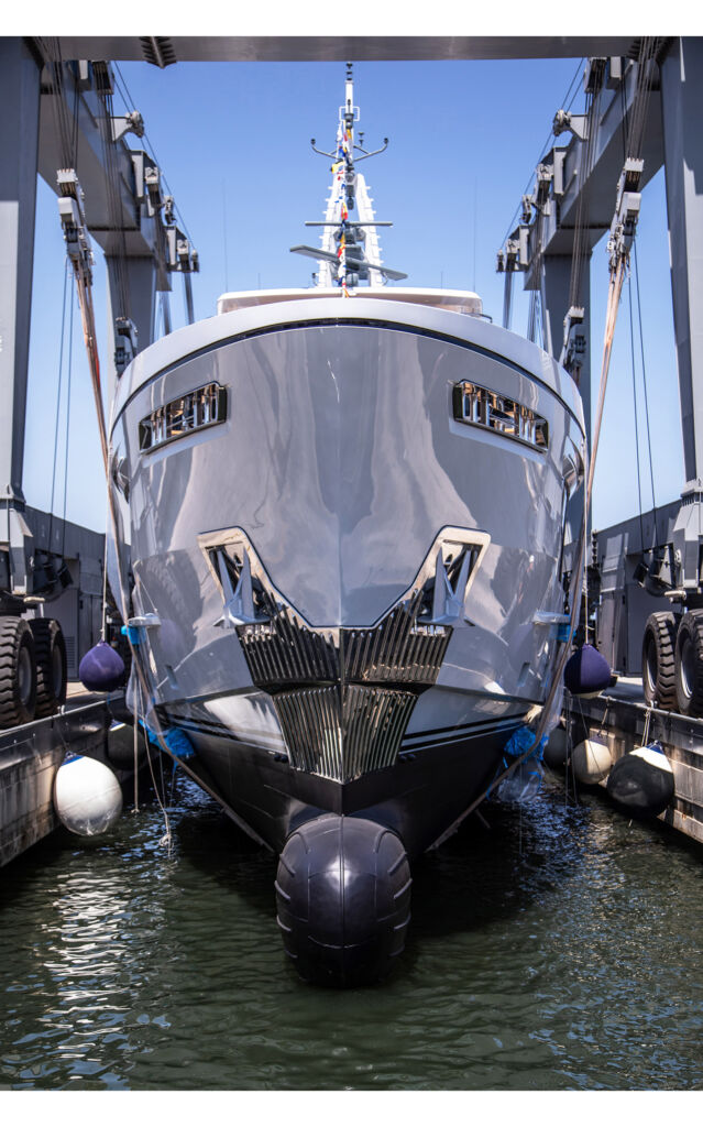 The explorer yacht being lowered into the sea