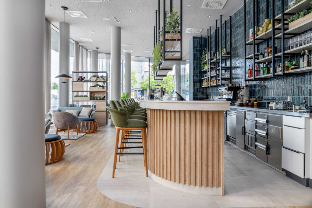 The bar area with its full height windows