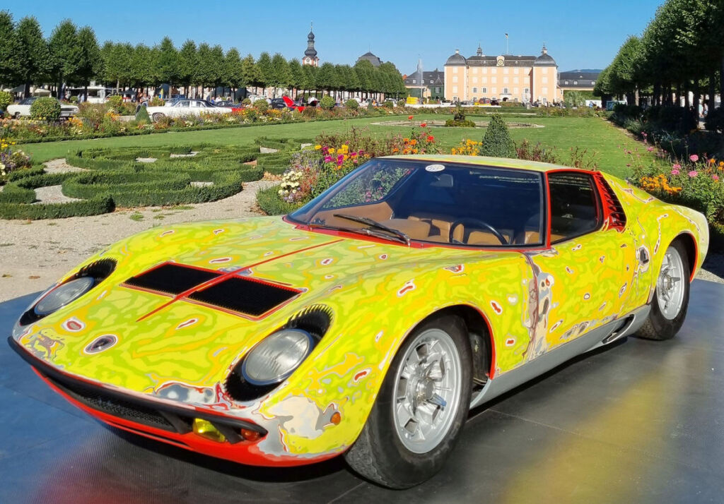 The 1966 Lamborghini Miura prototype in the gardens