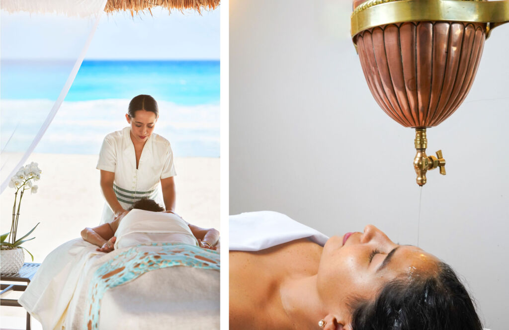 A photograph of a guest getting a massage on the beach and one of a guest experiencing a dripping oil treatment