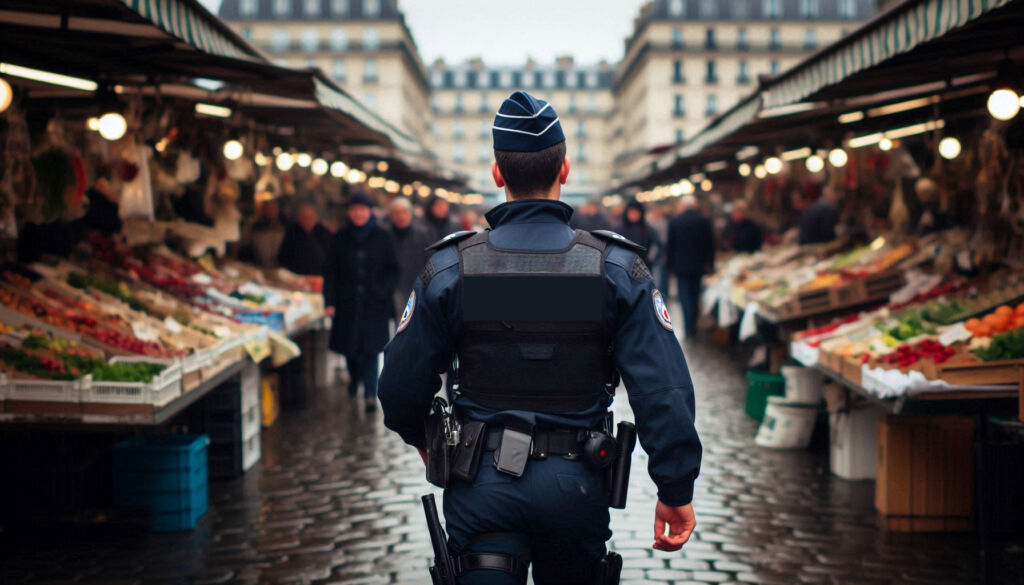 A policeman walking through a market