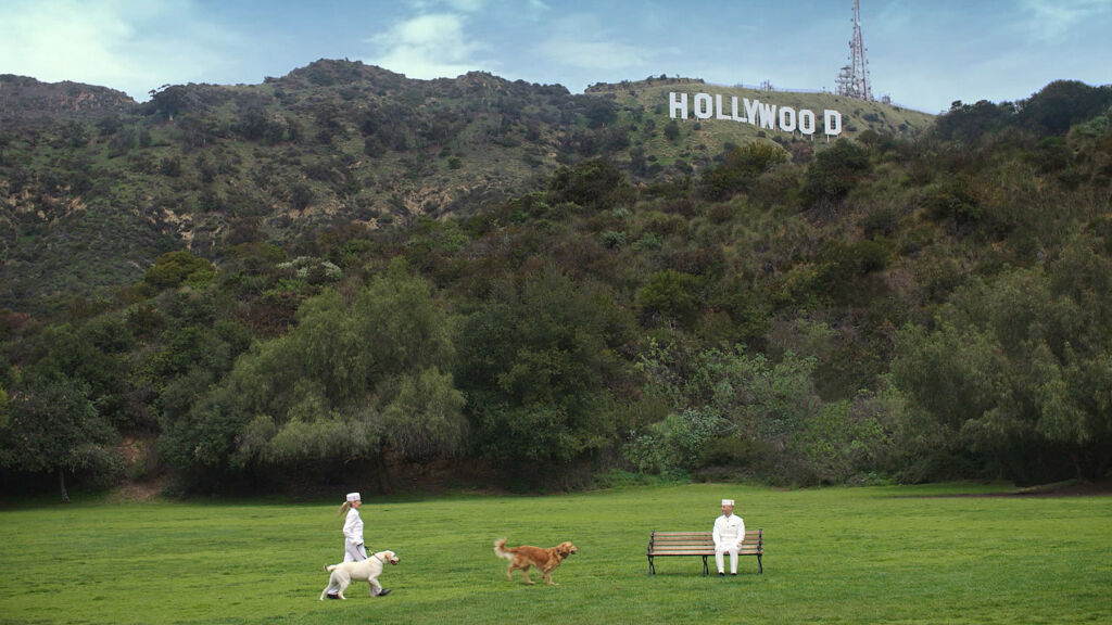 Kam sitting on a bench under the iconic Hollywood sign