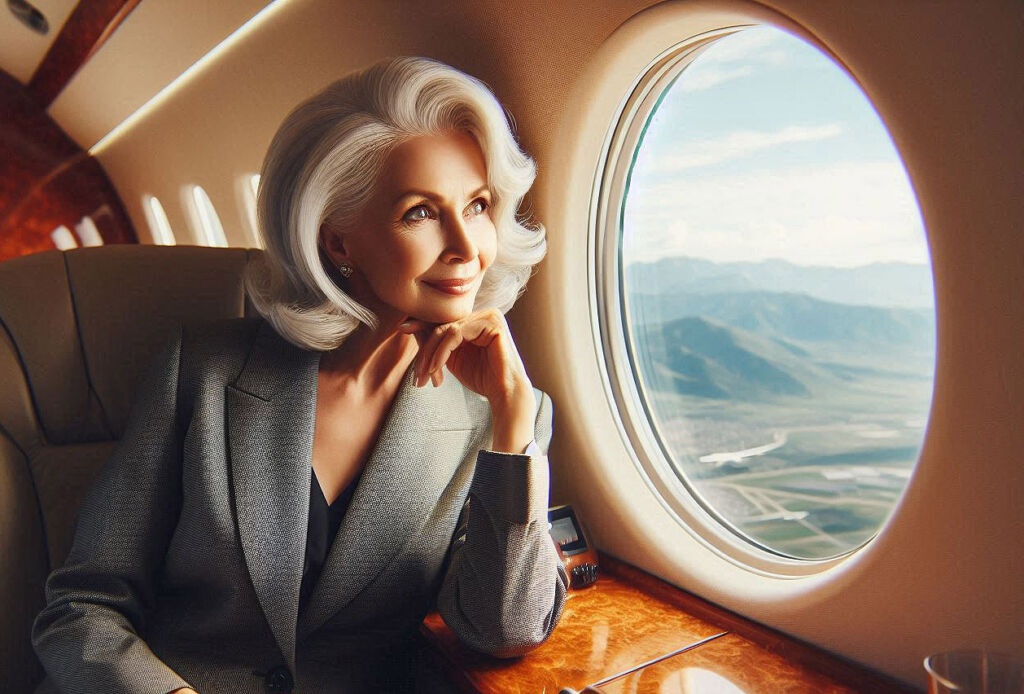 A businesswoman looking out of the window on a private jet