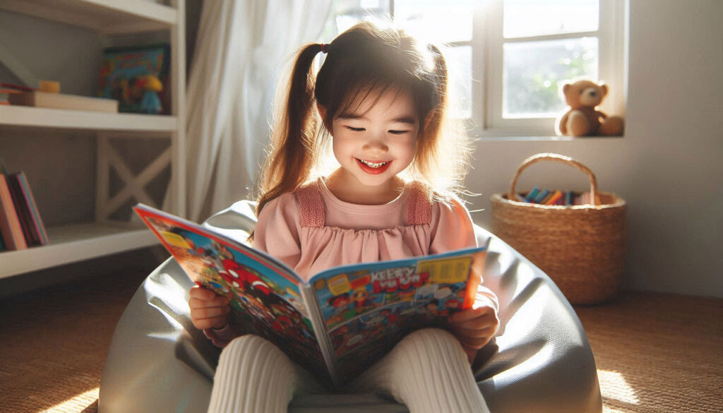 A young girl reading an illustrated book