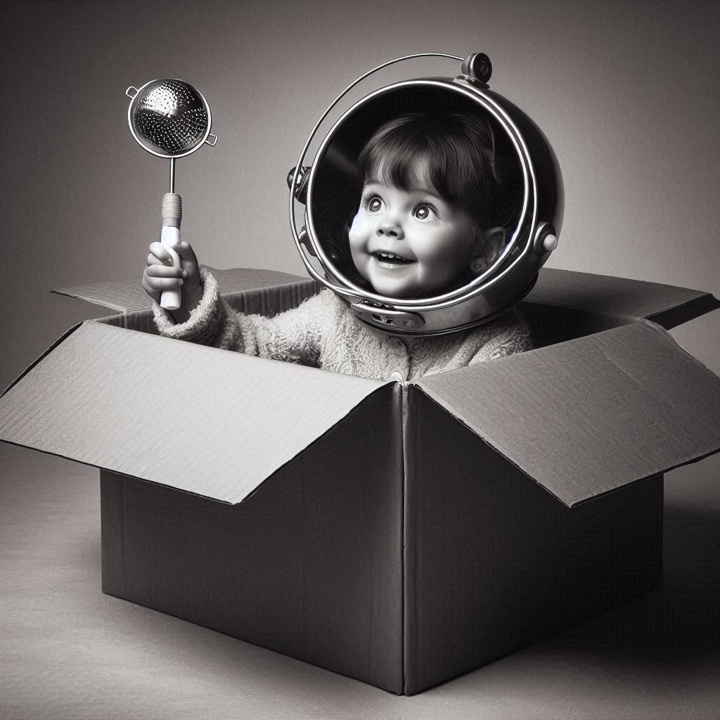 A young boy who has made a spaceship from a cardboard box