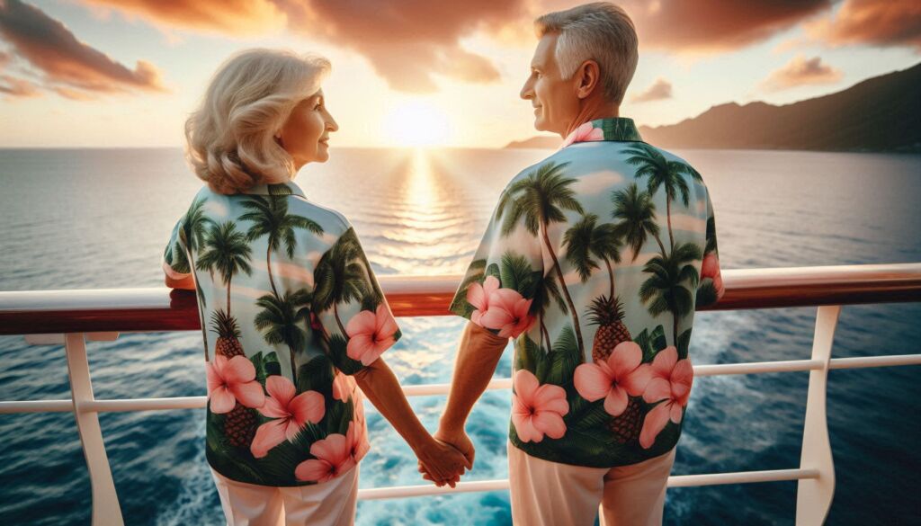 A couple holding hands on cruise ship while watching the sun setting