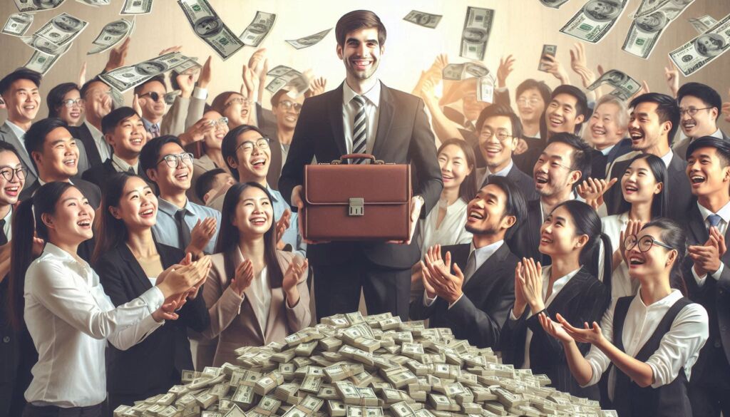 A businessman standing in front of a pile of money surrounded by an adoring crowd