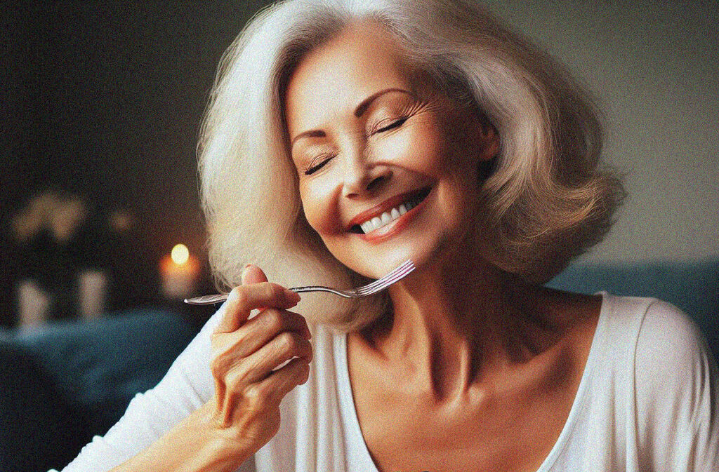 A woman enjoying the taste of her food