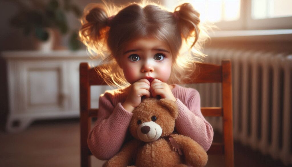 A young girl taking comfort from her teddy bear