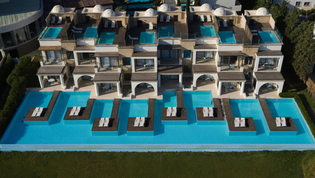 A top down view of the suites and their private swimming pools