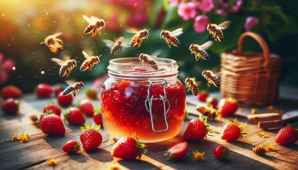 Bees around a jar of jam