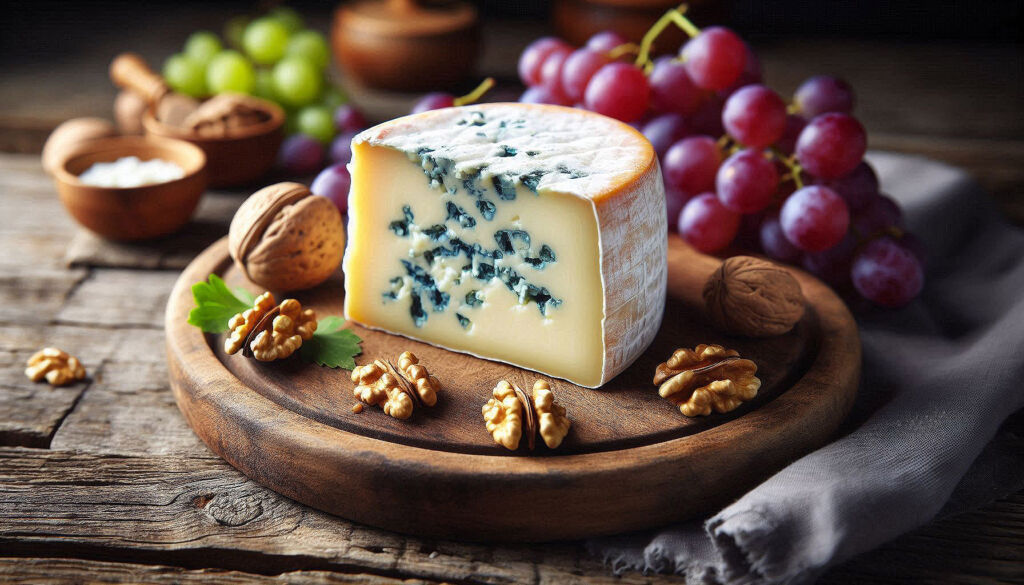 A piece of Bleu d'Auvergne cheese on a wooden board