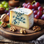 A piece of Bleu d'Auvergne cheese on a wooden board