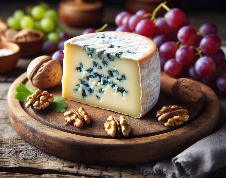 A piece of Bleu d'Auvergne cheese on a wooden board