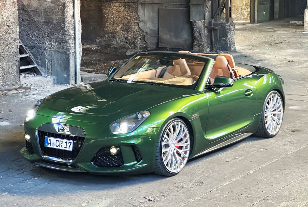 A front three quarter view of the open top sports car