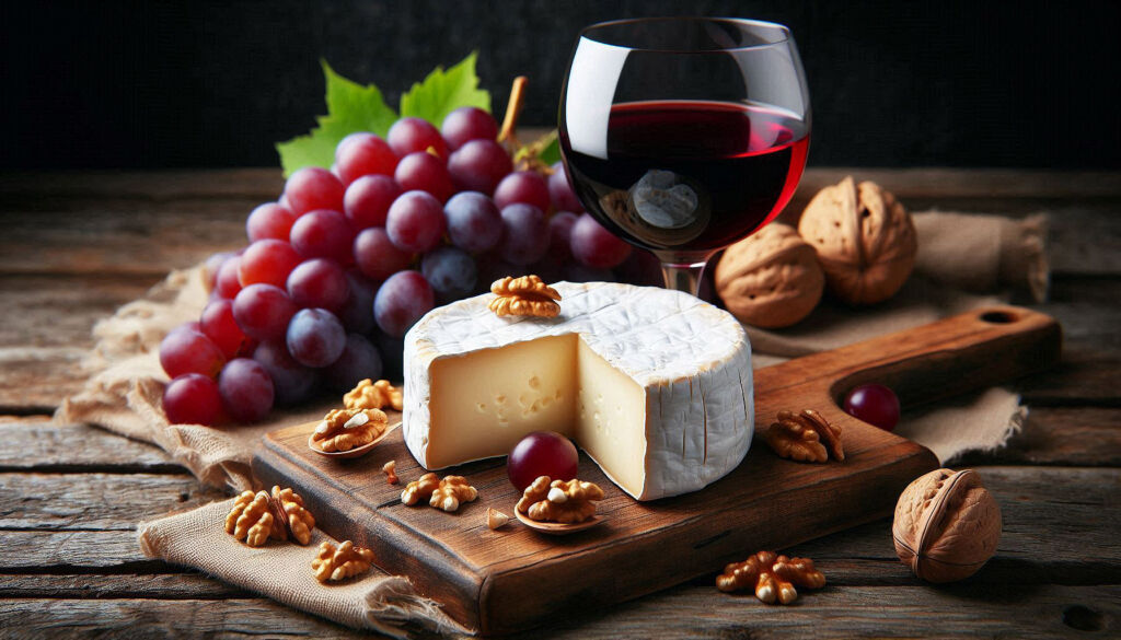 A wheel of Camembert with red grapes and a glass of wine