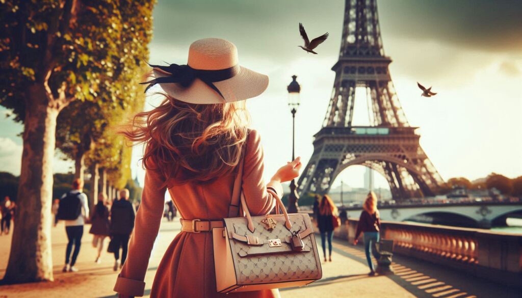 A woman in a red dress holding a handbag while walking towards the Eiffel tower